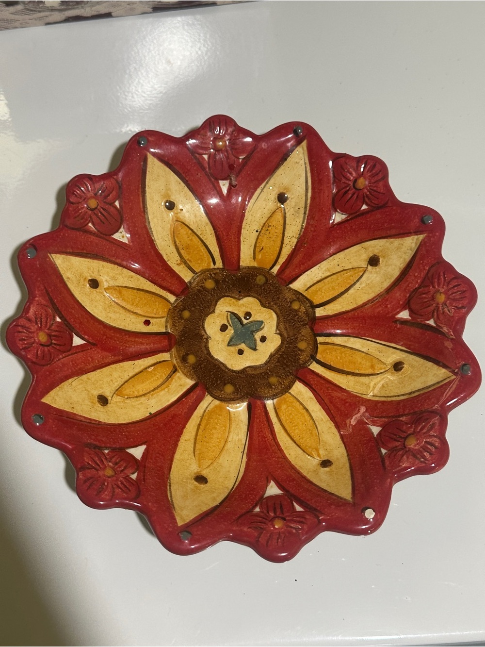 Handcrafted Red and Yellow Ceramic Flower Wall Art